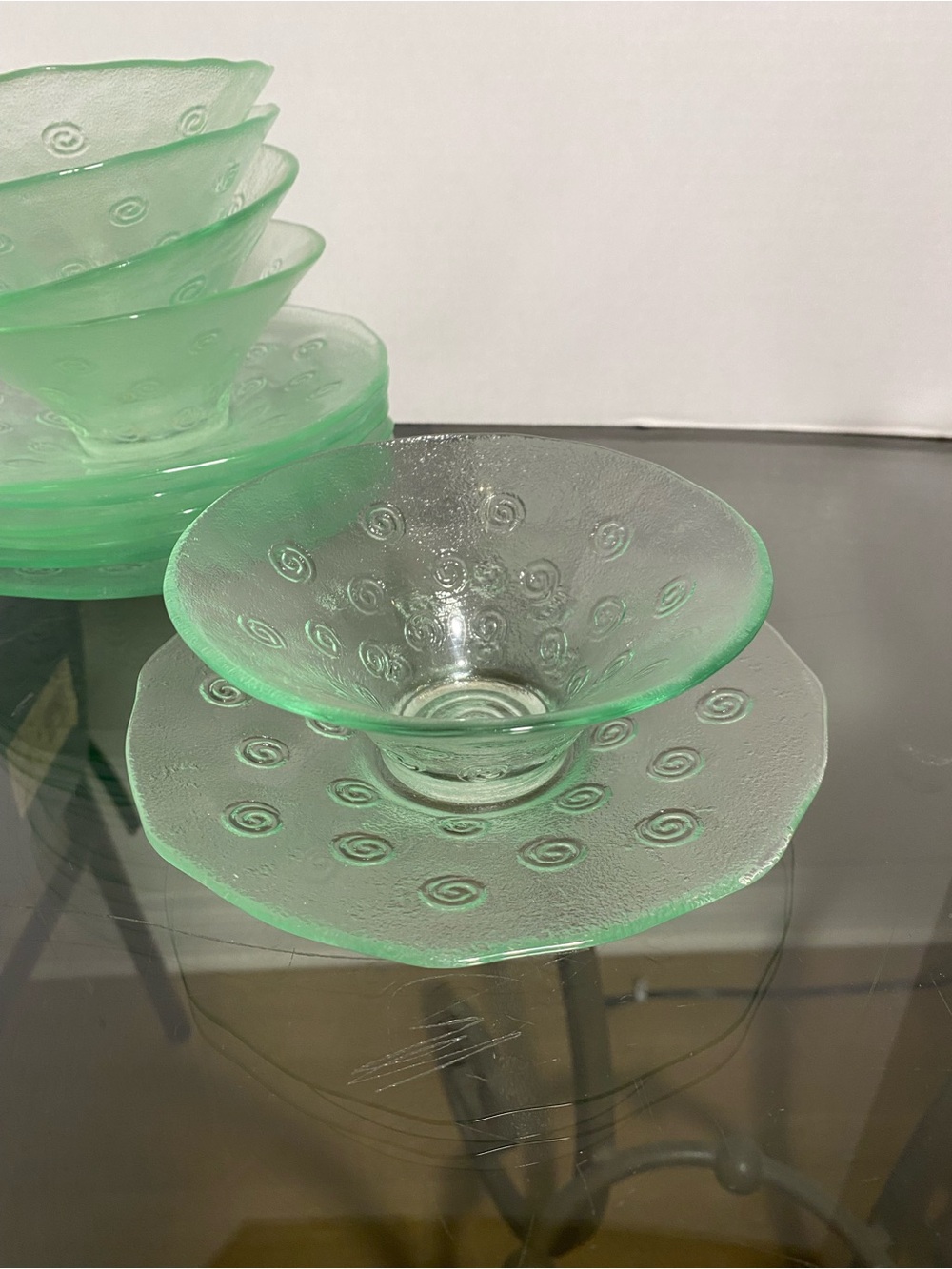 Set of Vintage Green Glass Wedding Luncheon Bowl With Saucer with Swirl Design.